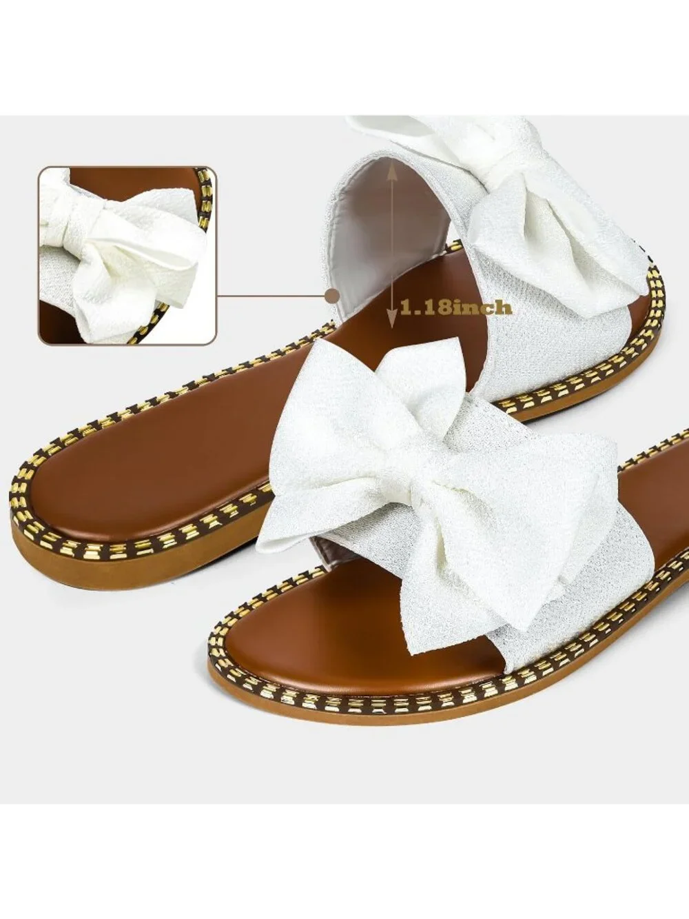Women's White Leather Bow Knot Slides Open Toe Flat Summer Slip On Sandals